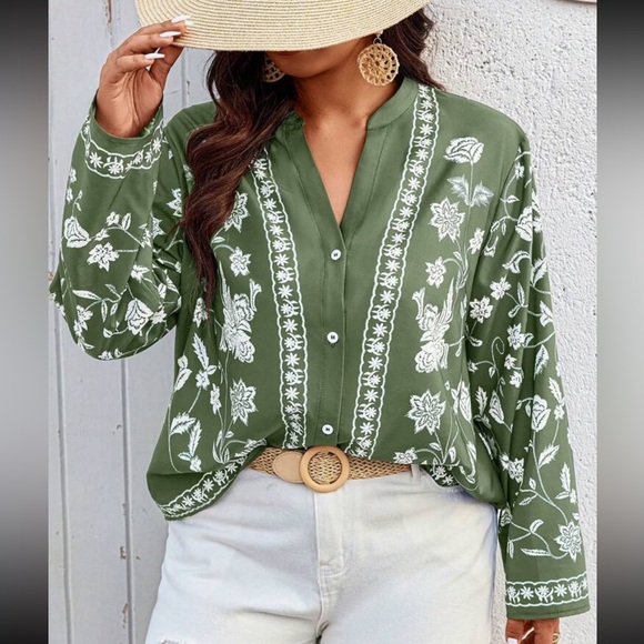 Boho Plus Size Floral Paisley Print Button Down Shirt Top Blouse - Picture 7 of 12